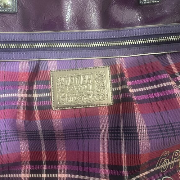 COACH Poppy Plaid Glam Tote Purple red Patent leather trim Bag - Picture 5 of 14